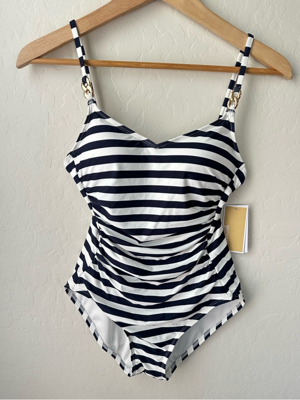 NWT Michael Kors Ruched Chain-Link One-Piece Swim - Navy/White Stripe Size 10 - Picture 9 of 9